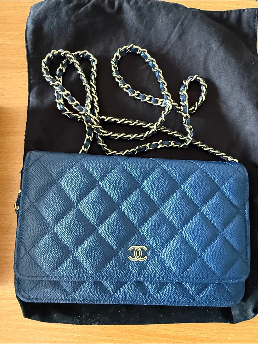 Incredible CHANEL Blue Quilted Caviar Leather Wallet-on-Chain with Gold Hardware